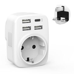Reiseadapter UK Adapter England Deutschland Stecker mit 1*USB-C, 3 USB-A(3.4A),1*AC, UK Adapter Auf DE EU, Steckdosenadapter England,Reiseadapter Typ G für England/Ireland/Dubai/Maldives/Katar