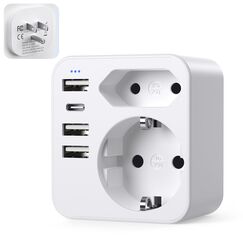 6 in 1 Adapter Steckdose Frankreich auf USA, Adapter Stecker USA, Kanada, Amerika mit 3 USB und 1 Typ C (3,4 A) und 2 Steckdosen, Mexiko Thailand Typ B (weiß)
