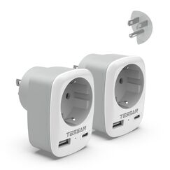 TESSAN 2er Pack USA Adapter Steckdose, 3 in 1 Reiseadapter Kanada mit USB C und USB A, Adapter USA Deutschland Stecker 1250W, Steckdosenadapter Mexiko für Kanada, Stromadapter Thailand Philippinen