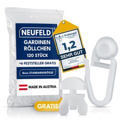 NEUFELD&reg; 120 Gardinenr&ouml;llchen f&uuml;r Innenlauf Schienen (inkl. 6 Feststeller) I Waschfeste Vorhangrollen I Gardinenhaken Gleiter [8mm Standardgr&ouml;&szlig;e] (120)