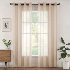 Woaboy Voile Gardinen Vorh&auml;nge Transparent Wohnzimmer mit &Ouml;sen Stores Gardinen Schlafzimmer &Ouml;senvorhang Scheibengardine Schlaufengardinen Modern 2er Set 140x245 cm (B x H) Beige