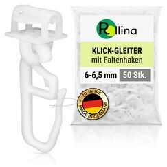 Rollina klick-Gleiter | Gardinenhaken f&uuml;r Gardinenschiene mit 6-6,5mm Innenlauf | Vorhang Haken lang | auch f&uuml;r Wohnwagen Wohnmobil Caravan LKW | 50 St&uuml;ck | Made in Germany