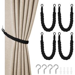 HOTUT Vorhang Raffhalter, 4 St&uuml;ck Curtain Rope Buckle, Handgestrickte Vorhang-Raffhalter, Vorhangbinder, Gardinen Raffhalter f&uuml;r Haus Office, Wohnzimmer, Schlafzimmer-Schwarz