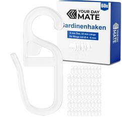 Vorhanghaken f&uuml;r Gardinen Ringe, 60 St&uuml;ck, mit &Oslash; 6 mm &Ouml;se, f&uuml;r Gardinenringe mit 4 bis 6 mm, in Transparent, Gardinenringe Haken zum Einh&auml;ngen, Faltenlegehaken f&uuml;r Vorhangringe, Vorhang Haken Clip