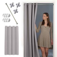 tinycurtains, Thermo T&uuml;rvorhang mit Vorhangstange & Magneten zum Abdichten, einfache Montage ohne Bohren in 1 Min (195 x 150 cm hellgrau + Stange Silber 55-90 cm + 6 Magnete)