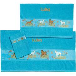 Erwin Müller Kinder-Handtuchset, Frottier-Set 3-TLG. mit Namen personalisiert türkis Größe 70x110 cm + 50x70 cm + 15x21 cm, saugstark, 1 Handtuch, 1 Badetuch, 1 Waschhandschuh - 100% Baumwolle