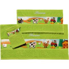 Erwin Müller Kinder-Handtuchset, Frottier-Set 3-TLG. Bauernhof mit Namen Bestickt saugstark grün Größe, 1 Handtuch, 1 Badetuch, 1 Waschhandschuh