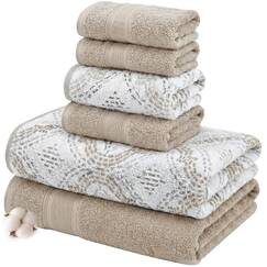 Modern Threads Capri Wende-Handtuchset aus garngefärbtem Jacquard, 6-teilig, Badetücher, Handtücher und Waschlappen, sehr saugfähig und schnell trocknend, 100% gekämmte Baumwolle, Khaki