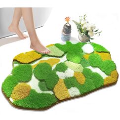 Badteppich, niedlich, gelb-grünes Moos, Zottel, Badezimmerteppich, Badezimmerdekoration, ästhetische Blätter, weich, rutschfest, waschbar, saugfähig, Bodenkeppich, Boho, Duschmatte, Fußmatte