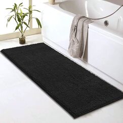 SHEEPPING Badezimmerteppich 150 x 50 cm, rutschfeste Badematte, Chenille Badvorleger, Saugfähige Duschvorleger, Waschbar Badteppich für Badezimmer, Schwarz