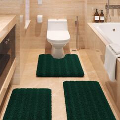 Badezimmerteppich-Set, weihnachtlich, gestreift, dunkelgrün, ultraweich, rutschfest, Chenille, saugfähig, flauschig, zottelig, Badematten für Badezimmer, WC, Schlafzimmer, Küche, 3-teilig