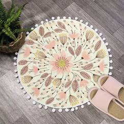 Uphome Runder Teppich, kleine Badematte mit Pompon-Borte, florales Pflanzendesign, waschbar, weich, rutschfest, für Dusche, Waschbecken, Gästebad, Babyzimmer, Schlafzimmer, Tisch, Rosa, 61 cm