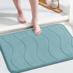 Flamingo P Memory Foam Bath Mat for Bathroom Non Slip Bath Rug Velvet Thick Soft and Comfortable Water Absorbent Machine Washable Easier to Dry Floor Rug Mats Waved Pattern, 24x17 Inches, Aqua Green