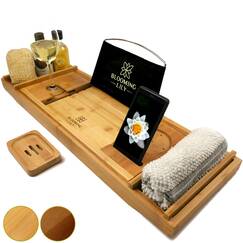 Blooming Lily rutschfeste Badewannenablage aus Holz - Mit Seifenschale und Komfortablen Extras (Natural Cloth)