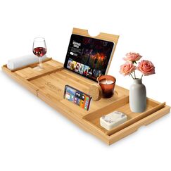 SereneLife Badewannenablage aus Bambus 2-in-1 als Bett Tablett – Ausziehbares Badewannenbrett 75–108 cm, höhenverstellbar, klappbar mit Stabiler Buch- und Tabletstütze, SPA Set