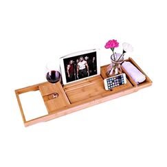 Bamboe Badkuip Caddy Bad Tub Tray met Verlengde Pagina 's Gericht in Book Tablet Houder Mobiele Telefoon Tray & Geïntegreerde Wijnglazen houder en andere Accessoires plaatsing