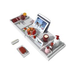 Badewannen-Caddy für Luxus-Badewanne, Bambus, wasserdicht, erweiterbar, Badewannentisch, mit Wein- und Buchhalter und Seifenablage (weiß)