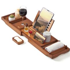 XcE Badewannen-Tablett (braun) – Bambus-Holz Badewannentablett und Badewannen-Caddy für EIN Spa zu Hause