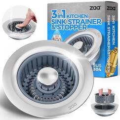 Zaa Verbessertes 3-in-1 modernes Edelstahl-Küchenspüle-Abflusssieb und Stopper mit Anti-Verstopfungskorb, passend für US-Standard-Ablaufloch, 8,9 cm, Silber