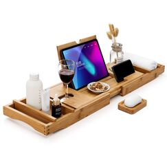 Badewannenablage aus Bambus mit ausziehbaren Seiten, Handy-iPad-Tablett und Weinglas-Halter, gratis Seifenhalter