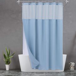N&Y Home Set aus Waffelgewebe-Duschvorhang extralang mit einknöpfbarem Innenfutter und Haken, Hotel-Stil, Netzfenster Oben, maschinenwaschbar für einfache Pflege, 180,3 x 213,4 cm, Blau