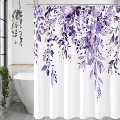 Gibelle Duschvorhang-Set, Eukalyptus-Motiv, Aquarell-Pflanzenblätter mit Blumenmuster, 183 x 183 cm, violett