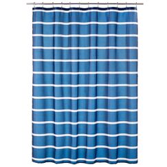 mDesign Duschvorhang aus Stoff, maschinenwaschbar, hochwertige verstärkte Knopflöcher für Badezimmer, Gästebad, Stände, Badewannen – modernes einfaches Streifen-Design – Weiß/Dress Blues