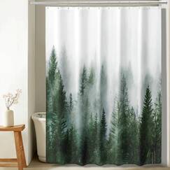 ORTIGIA Duschvorhang für Badezimmer, Naturwald, Duschvorhang-Set mit Haken, dekorativer Kiefernbaum, Nebel, magischer Badvorhang, wasserdichter Stoff, gewichtet, 183 x 198 cm, Grün