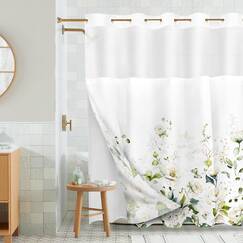 Tititex Duschvorhang-Set ohne Haken, einrastend, weißes Blumenmuster, grüne Blätter, Hotel-Luxus, doppellagig, wasserdichter Stoff und durchsichtiges Fenster, Badezimmer, dekorativ, 183 x 183 cm