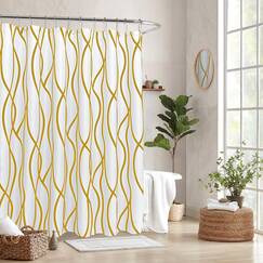 Biscaynebay Extra langer strukturierter Stoff-Duschvorhang, 72 x 84 cm, goldfarben, gestreift, bedruckt, Leinen, moderne Hotelqualität, Badezimmervorhänge, maschinenwaschbar