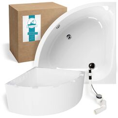 Calmwaters® Eckbadewanne Komplettset 120x120 cm mit Wannenträger & Ablaufgarnitur, Acrylwanne Modern Small 2, Duo-Badewanne für 2, Set Badewanne komplett, Eckwanne 120 x 120 cm, Weiß, 99000046