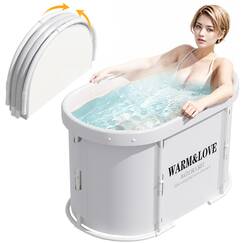 Faltbare Badewanne für Dusche, Freistehende Badewanne für Heißes Bad und Eisbad, Tragbare Eisbadewanne für Erwachsene (Grau weiß, Oval-Medium)
