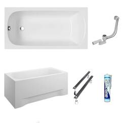 ECOLAM Badewanne Wanne Rechteck Classic Acryl weiß 130x70 cm + Schürze Ablaufgarnitur Ab- und Überlauf Automatik Füße Silikon Komplett-Set (130x70 cm)