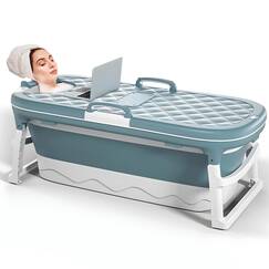 Warmiehomy Tragbare Faltbare Badewanne Erwachsene, 138x62x52cm GroßE Klappbare Badewanne, Dicke Freistehende Badewannen, Massage-Schweiß-Dampfbadewanne mit Deckel, Blau