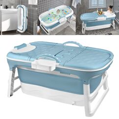 Aufun Faltbare Badewanne XL 112 x 62 x 52 cm, Ideal für Badezimmer, Dusche und Balkon, Mit Abdeckung & Massagerollen, Seifenkorb, dicker Kunststoff tragbare Wanne - Blau, HAG1311A, 112 x 62 x 52CM
