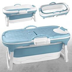 TRMLBE Badewanne Erwachsene Faltbare 148 x 62 x 52cm PP+TPE Badewanne Klappbar Tragbar Mobile Bathtub mit Abnehmbare Abdeckung und Griff - Blau