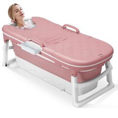 Dripex Tragbare Badewanne für Erwachsene, 138 x 62 x 52 cm, Rosa mit Deckel, Freistehend, Modern, Faltbar, Polypropylen und Thermoplastisches Elastomer
