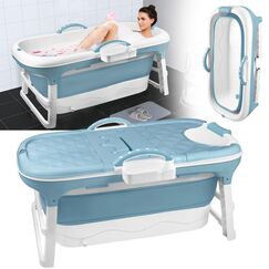 HENGMEI Faltbare Badewanne Erwachsene Mobile 112 x 62 x 52 cm Tragbare Badewanne Mit Abdeckung Massagerollen und Badewannenablage, BlauGrün