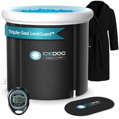 IceDoc Recovery Pod XL, Eisbad-Wanne für Sportler und Erwachsene – Aufblasbarer Recovery Pod für Kältetherapie mit Schutzabdeckung, Kapuzenbademantel, Stoppuhr und Rutschfester Matte