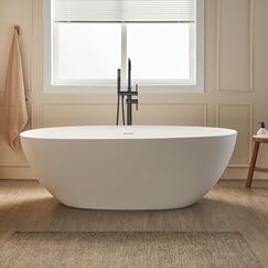 Cpingao Freistehende Badewanne, 150 cm, Steinharz, elegante ovale Form, freistehende Badewanne mit fester Oberfläche, freistehende Badewanne mit Ablauf und integriertem Überlauf, mattes Weiß 8845-1500