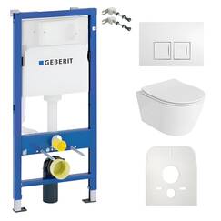 Lavita Duofix Basic Vorwandelement + Lavita Wand Tiefspül WC Dalia Weiß Spülrandlos + WC Sitz mit Absenkautomatik + Bedienplatte Delta 25 Weißer Knopf Komplettset Unterputz Spülkasten Toilette WC