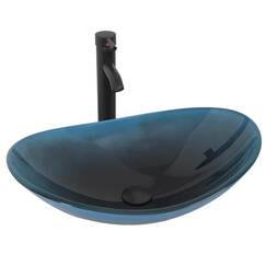 YU YUSING Waschbecken Glas Aufsatzwaschbecken Waschtisch, Oval Hand Waschschale mit Wasserhahn Set, Waschplätze für Badezimmer Küche Gäste WC, Modern Dunkelblau