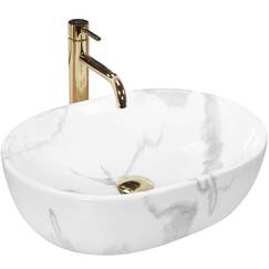 Rea Aufsatzwaschbecken Amelia Marmo, glänzendes Waschtisch Handwaschbecken Waschschale Waschbecken für Badezimmer aus hochwertiger Keramik, 480 x 345 x 135 mm (weiß, Marmorimitat)