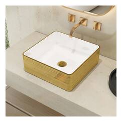 MEJE Quadratisches Badezimmer-Waschbecken, 37cm, goldfarbene Streifen, oberhalb der Theke, Porzellan-Keramik-Kunst-Waschbecken, Waschtisch