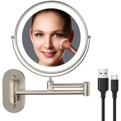 FUNTOUCH Wiederaufladbarer Schminkspiegel mit Licht, Doppelseitig, 1X/10X Vergrößerung, 3 Farben, Touchscreen, Dimmbar, Erweiterbarer Arm, Wandmontage