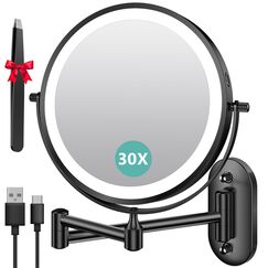 Auxmir Kosmetikspiegel mit Beleuchtung, 1X/30X Wiederaufladbar Schminkspiegel, 3200mAh Rasierspiegel Wandmontage, Dimmbar Vergrößerungsspiegel mit 3 Lichtfarben, 360° Drehbar für Badezimmer und Hotel