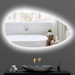 YOLEO Badspiegel mit Beleuchtung, Asymmetrischer Wandspiegel LED Badezimmerspiegel Antibeschlag großer Schminkspiegel, Berührungstaste Dimmbares 3 Farben LED-Licht, 108x60cm