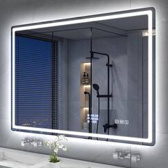S'bagno Bluetooth-Badspiegel-mit-Beleuchtung-100x70cm, LED-Badezimmerspiegel mit Entfoggen und Uhr, 3000K-6500K, Dimmbar, Speicher, IP44-WiFi-Badezimmer-Spiegel mit Datums und Wetteranzeige