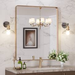 LOAAO Goldener Badezimmerspiegel mit den Maßen 76,2 x 91,4 cm, abgerundeter rechteckiger goldfarbener Rahmen, gebürsteter Gold-Badezimmerspiegel, Wandmontage, rostfreies gehärtetes Glas, kann