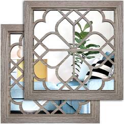 Wocred 2 Stück quadratischer Wandspiegel, wunderschöner, rustikaler Bauernhaus-Akzentspiegel, Scheunenholzfarbe, Schlafzimmer, Wohnzimmer und mehr (30.5x30.5 cm)